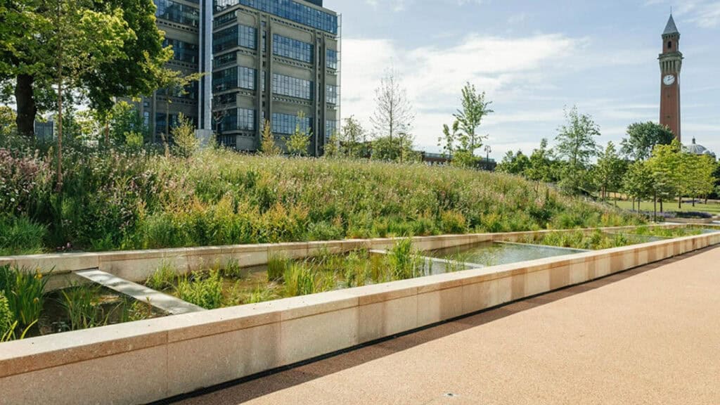 Turtle Productions line Birmingham University Greenheart project pond cascade using epdm PondGard membrane