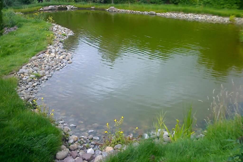 Tranquil 'mountaintop style pond' in memorium to this clients late wife in Herefordshire, by Turtle Productions